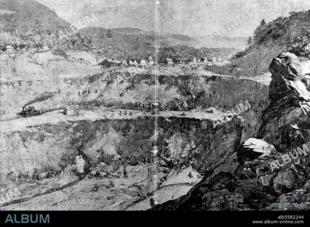 Panama, Panama Canal. (Link between the Atlantic and the Pacific; 1879-1914 built by F. von Lesseps a. H.W.Goethal). Construction of the Panama Canal. After an original drawing, c. 1893, by Fedor Czabran. Illustrated family picture "Deutscher Hausfreund".