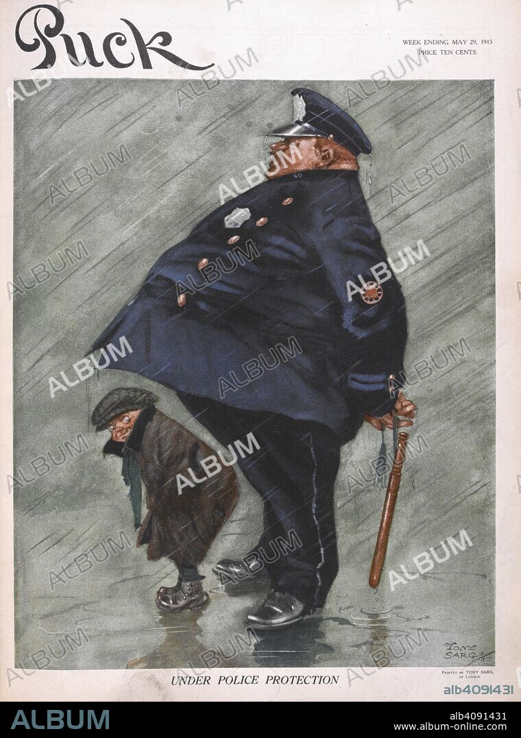 TONY SARG. 'Under police protection'. A small boy sheltering from the rain under the cover of a large American policeman. Puck. New York, 1915. Source: Puck, 29/05/1915 front cover.
