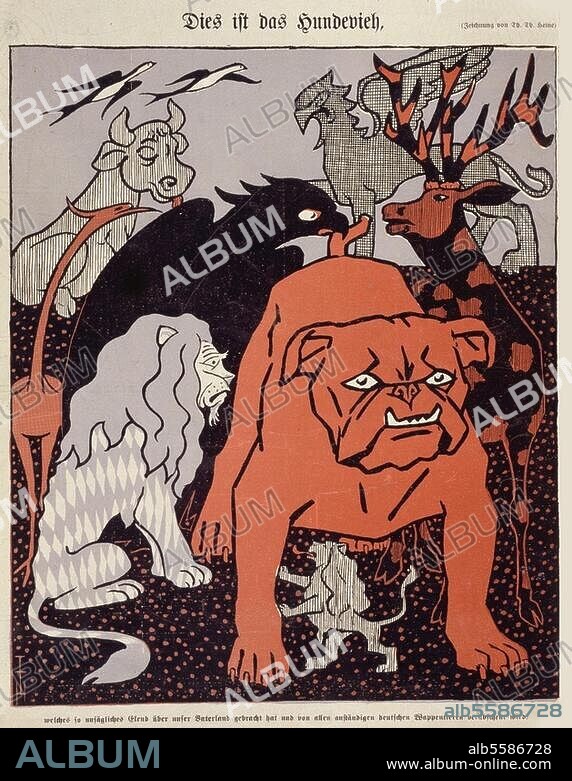 THOMAS THEODOR HEINE. Publizistik:. Simplicissimus, 10. Jg. (München) 1905/6, Nr. 1, Titelseite. - "Dies ist das Hundevieh, welches so unsägliches Elend über unser Vaterland gebracht hat und von allen anständigen deutschen Wappentieren verabscheut wird.". Farbdruck nach Zeichnung von Th. Th. Heine. Berlin, Sammlung Archiv für Kunst und Geschichte.