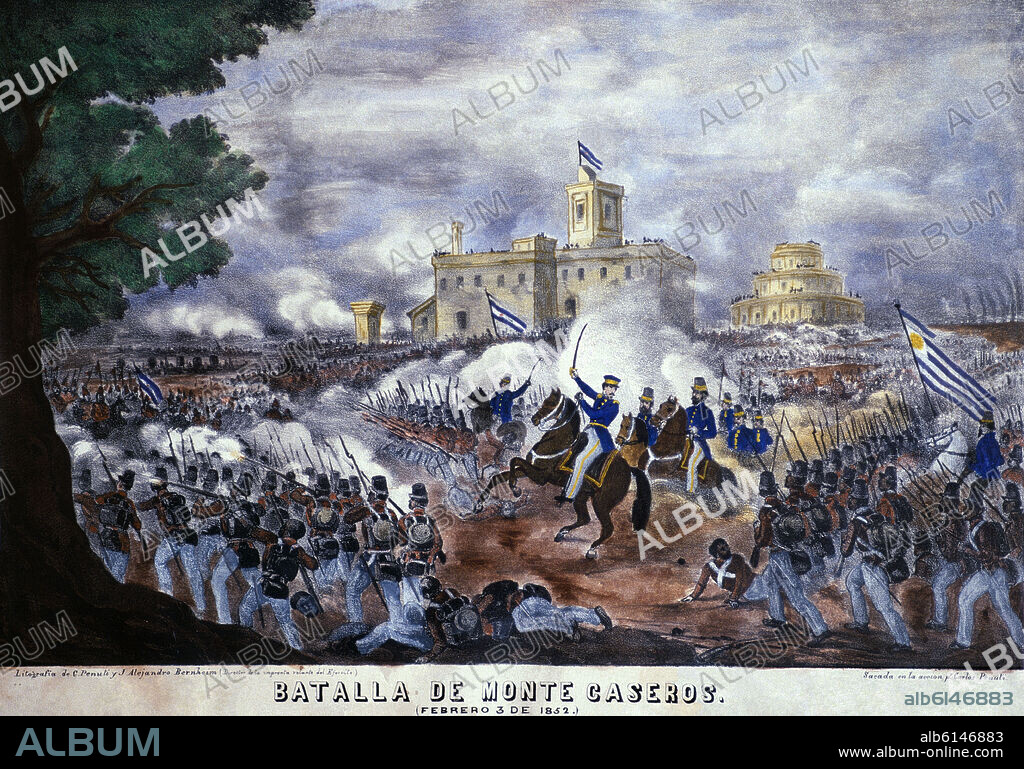 PENUTI CARLOS / BERNHEIM J ALEJANDRO. BATALLA DE MONTE CASEROS EL 3 DE FEBRERO DE 1852 - EL EJERCITO DE LA CONFEDERACION ARGENTINA FUE DERROTADO POR EL EJERCITO GRANDE - GRABADO XIX.