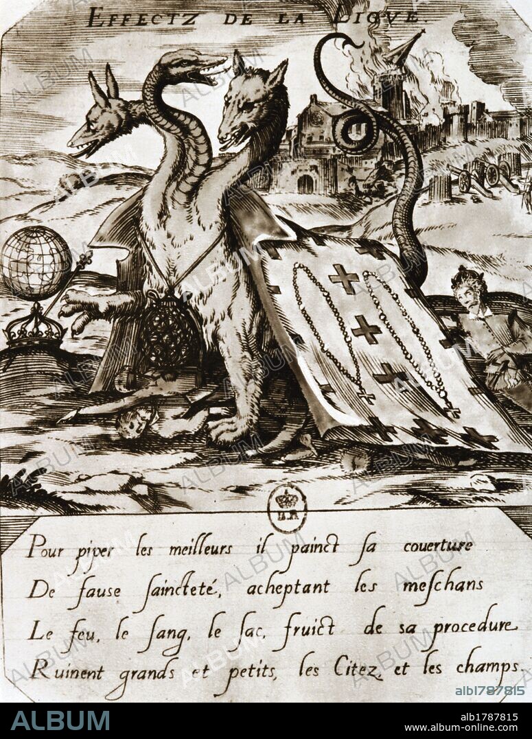 GUERRA DE RELIGIONES. FRANCIA SIGLO XVI. Propaganda de los HUGONOTES contra la LIGA CATOLICA. Hoja volante de 1594.