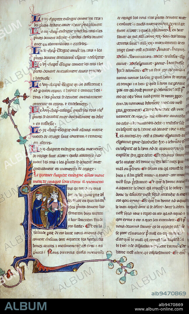 Les livres du gouvernement des roys et des princes, Initial 'P' with a seated prince being instructed by a scholar holding a book, This early fourteenth century English manuscript is an example of Henri de Gauchys French translation of De regimine principum. Giles of Rome first composed the text in Latin for Philip of the Fair around 1277, and it was soon translated into several vernacular languages. Henri de Gauchys was the most prolifically copied of the French translations, and remains extant in thirty-one copies, only six of which are of English origin.