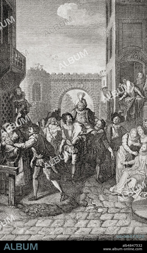 Sancho Panza entering as governor of the island of Barataria.   After a scene in Miguel de Cervante's novel Don Quixote of La Mancha. From The International Library of Famous Literature, published c. 1900.