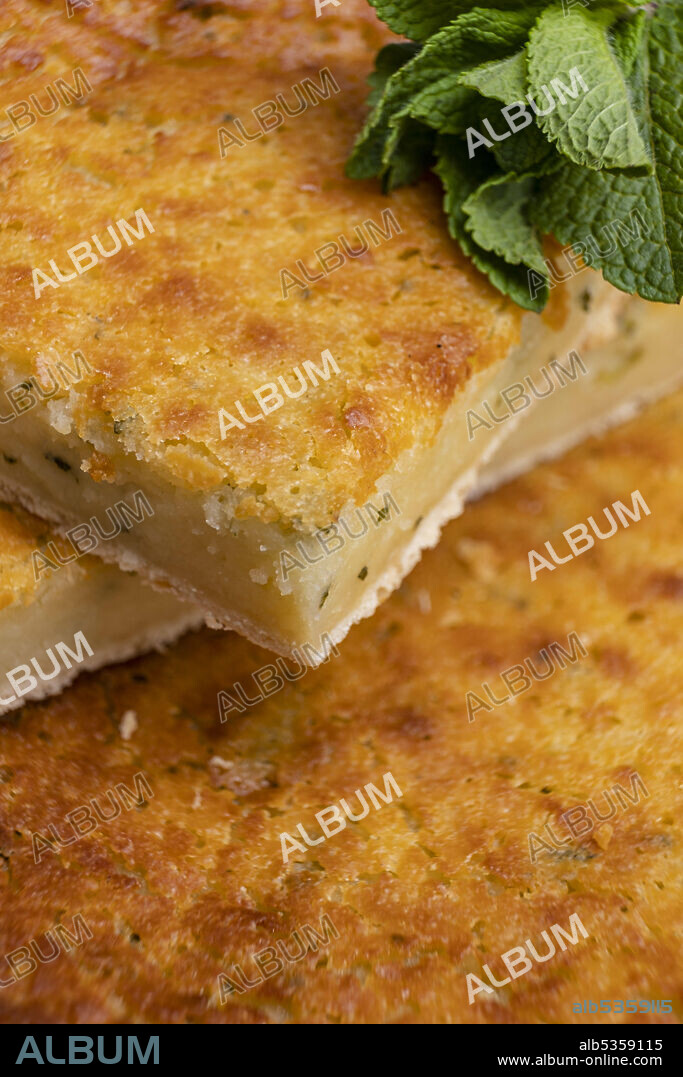 Flaó, typical cheese cake, Can Jeroni bakery, Sant Francesc, Formentera, Pitiusas Islands, Balearic Community, Spain.