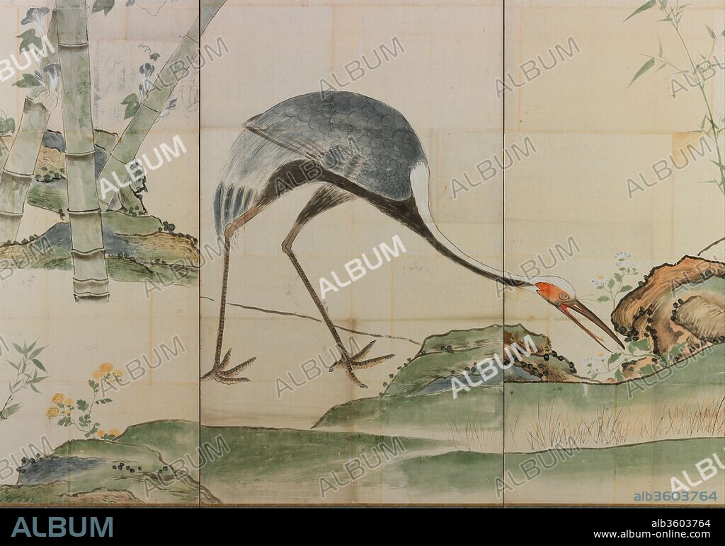 Cranes, Pines, and Bamboo. Artist: Ogata Korin (Japanese, 1658-1716). Culture: Japan. Dimensions: Right screen (4-panel): 65 3/4 x 101 1/4 in. (167 x 257.2 cm)
Left screen (6-panel): 65 3/4 x 151 1/4 in. (167 x 384.2 cm). Date: late 17th century.