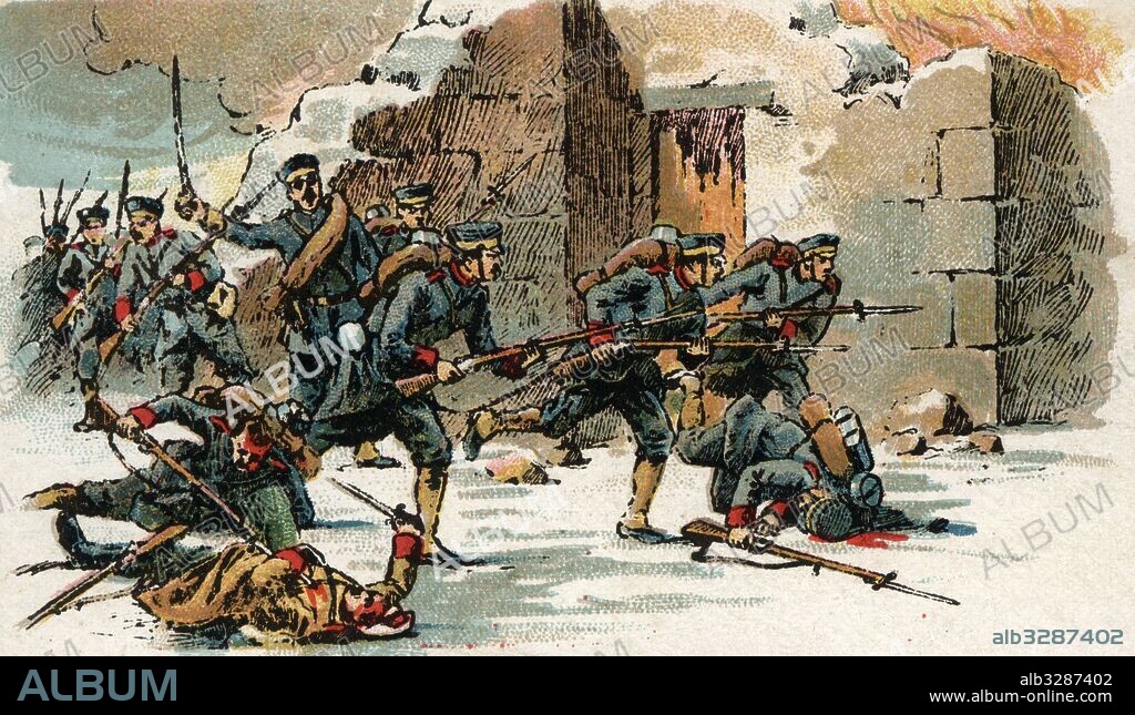 JOAQUIM COLL SALIETI. Guerra Ruso-Japonesa (1904-1905). Los japoneses entrando en Mukden. Cromo de Chocolates Amatller. Año 1905.