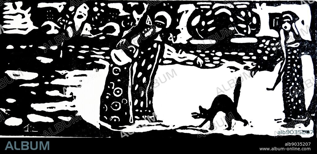 Woodcut depicting three figures with a cat by Wassily Kandinsky (1866-1944) Russian painter and art theorist. Dated 1913.