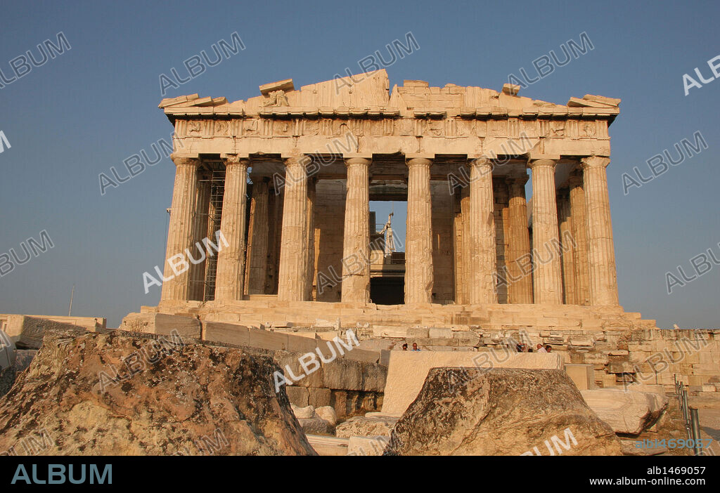 Greek Art. Parthenon. Was built between 447-438 BC. in Doric style under leadership of Pericles. The building was designed by the architects Ictinos and Callicrates. Acropolis. Athens. Attica. Central Greek. Europe.