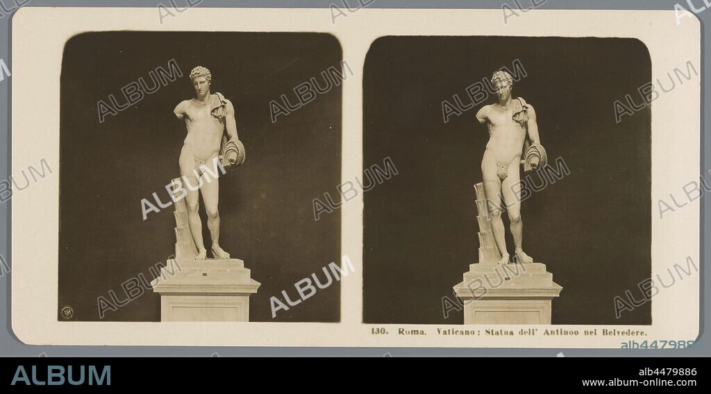 Statue of Hermes of Belvedere in the Vatican Museums in Vatican City Roma - Vaticano: Statua dell'Antinoo nel Belvedere (title on object), sculpture, (story of) Mercury (Hermes), Neue Photographische Gesellschaft (mentioned on object), Vaticaanse Musea, c. 1900 - c. 1910, cardboard, photographic paper, gelatin silver print, h 88 mm × w 179 mm.