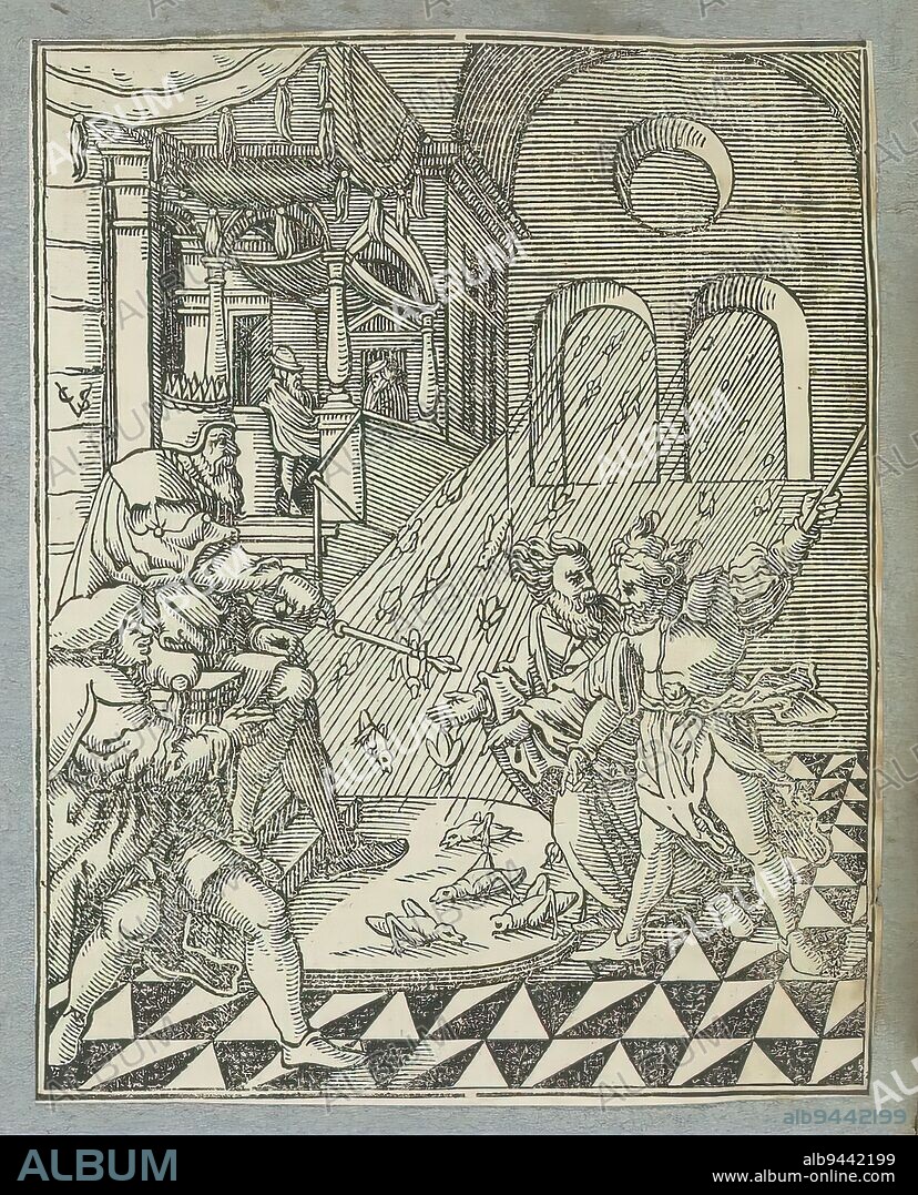 Plague of the Locusts, The eighth plague that God sent upon Egypt. Moses stands before Pharaoh on his throne. He points his staff into the air. The locusts are coming in with the wind through the window. The print is part of an album., print maker: Christoffel van Sichem (II), (mentioned on object), print maker: Christoffel van Sichem (III), (mentioned on object), publisher: Pieter Jacobsz. Paets, Amsterdam, 1645 - 1646, paper, letterpress printing, height 109 mm × width 86 mm.