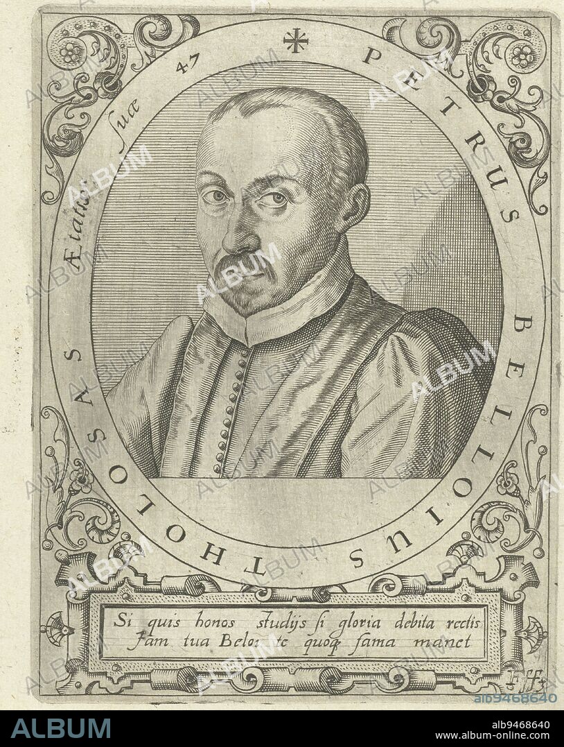 Portrait of Pierre de Belloy at the age of 47, Cornelis Galle (I), after Jean Jacques Boissard, 1669, Portrait of the French author Pierre de Belloy, in oval with edge lettering. Below the portrait a cartouche with Latin text., print maker: Cornelis Galle (I), Jean Jacques Boissard, (possibly), unknown, c. 1597 - c. 1599 and/or 1669, paper, engraving, h 140 mm × w 100 mm.