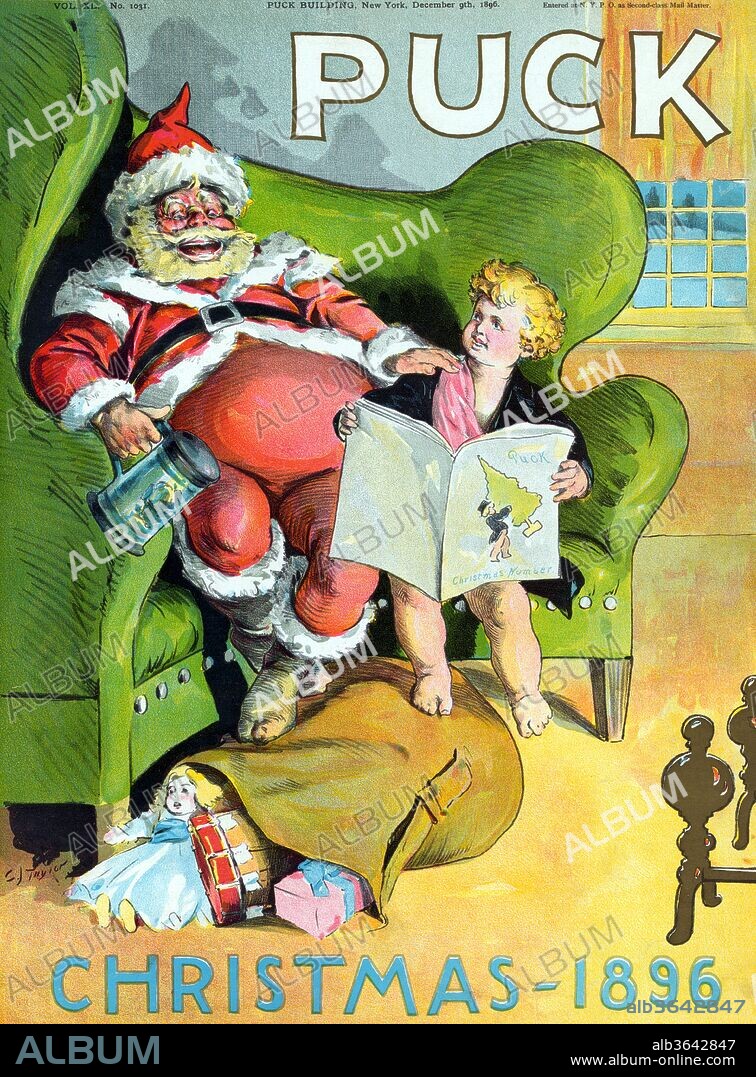 Print shows Santa Claus holding a tankard and sitting on a large chair with Puck, holding the "Christmas Number", sitting next to him; their feet rest on a sack of toys. Taylor, Charles Jay, 1855-1929, artist., Charles Jay Taylor, 1896.
