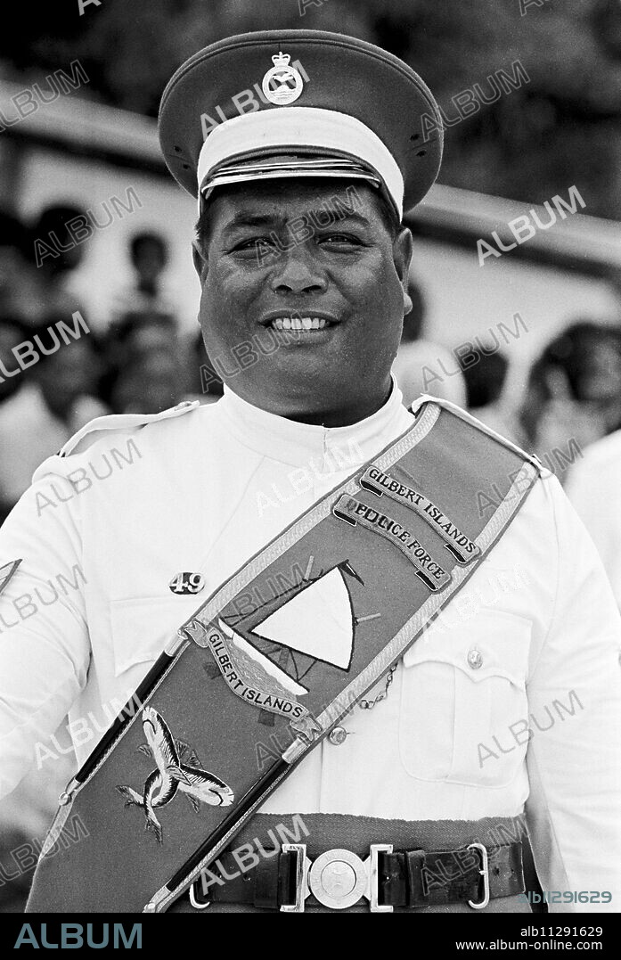 Soldier in traditional uniform in military parade in Kiribati, South Pacific.