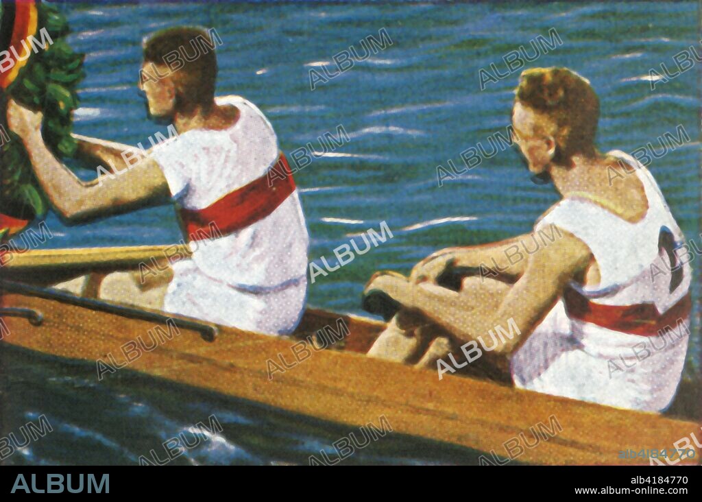 German winners of the coxless pairs, 1928. Kurt Moeschter and Bruno Müller of Germany, winners of the gold medal in the coxless pairs (rowing), at the 1928 Summer Olympics, held in Amsterdam. From "Die Welt in Bildern", (The World in Pictures), cigarette card album, c1928. [Georg A Jasmatzi, A.-G., Dresden, Germany].