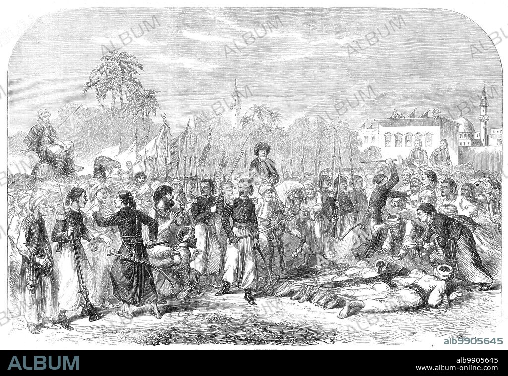 The "Doseh", an annual religious ceremony at Cairo, 1861. 'This most remarkable of the many peculiar ceremonies in connection with the Moslem religion takes place on the last day of the Festival of the Birthday of the Prophet. The fete is held in...the gardens of the Esbekieh...the Sheik [arrives]...on horseback, escorted by...grenadiers from the Viceregal Guard and a crowd of officious ecclesiastics...the devotees...apparently lost to everything but paradise and eternity...urged by the dervishes, throw themselves flat upon the ground and are then carefully arranged...(care being taken to have the heads all one way), and continue their cry of "Allah!" which is taken up by the spectators, who become very much excited. The Sheik's horse is...highly trained, and unshod, but always hesitates to place its foot on the first body...each man is trodden upon twice. It is rarely, if ever, that the horse misses his footing - placing one foot on the shoulder of one man and one hind foot upon the hip of another. Immediately the Sheik has passed over, the men leap up, shouting the usual "Allahhu!" The excitement at this particular moment is intense, and the cawasses (police) are extremely lively and energetic in keeping the mob back'. From "Illustrated London News", 1861.