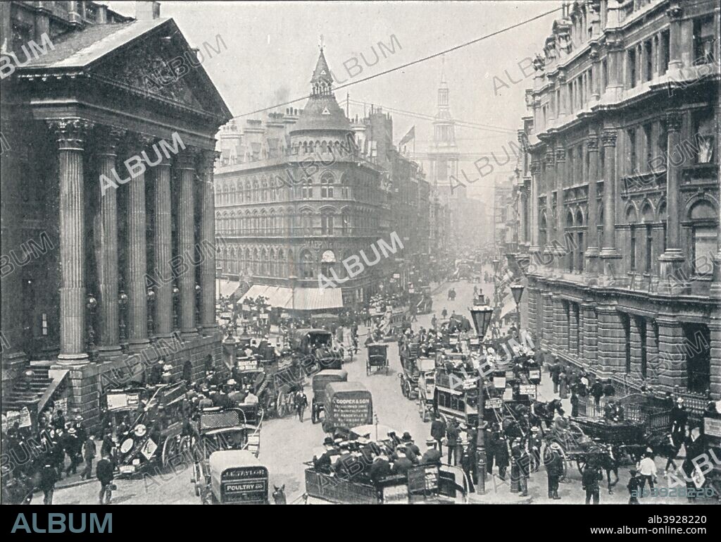 Outside the Mansion House, City of London, 9 AM, c1901 (1901). Mansion House is the official residence of the Lord Mayor of London, designed by George Dance the Elder (1695-1768) in 1739. From Living London, Vol. 1, edited by George R. Sims. [Cassell and Company, Limited, London, Paris, New York & Melbourne, 1901].