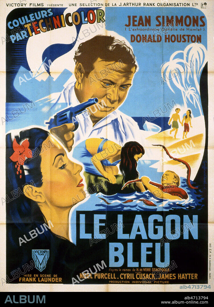 Le lagon bleu (Blue lagoon). Film realise en 1949 par Frank LAUNDER (1906-1997) d'apres Henry de VERE STACKPOLE (1863-1951) avec Jean SIMMONS et Donald HOUSTON. Illustration anonyme. Credit : Coll. Perron/KHARBINE-TAPABOR.