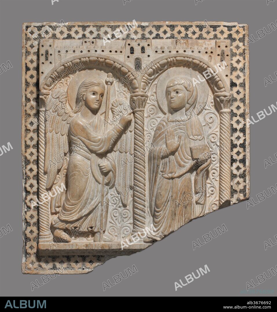 Relief with the Annunciation. Culture: Italian. Dimensions: 26 1/2 x 24 x 4 3/4 in. (67.3 x 61 x 12.1 cm). Date: ca. 1180-1200.
This relief is one of seven panels from a pulpit in the church of San Piero Scheraggio in Florence, which was dismantled sometime between 1410 and 1755. In medieval Italy, pulpits were used for the reading of the Gospels and the Epistles and were located on the south side of the choir. Here, the Virgin and the archangel Gabriel stand in separate niches under a city wall. The fluid treatment of the drapery, the form of the figures, and the combination of narrative reliefs with a background of inlaid serpentine are characteristic of Florentine sculpture around 1200.