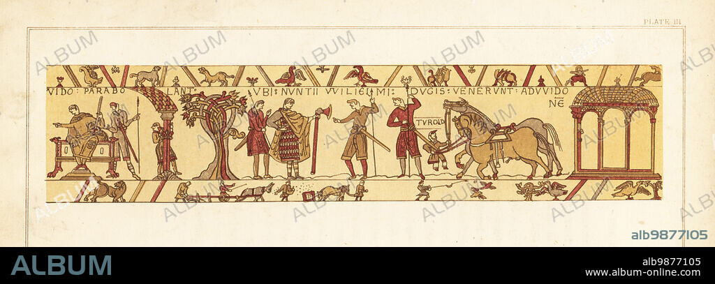 Count Guy I of Ponthieu in conference with Harold Godwinson, and Guy with huge axe receiving messengers from Duke WIlliam of Normandy. A dwarf Turold holds their horses. Chromolithograph by William Mossman after an illustration by Charles Stothard made for the Society of Antiquaries in Rev. John Collingwood Bruces The Bayeux Tapestry Elucidated, John Russell Smith, London, 1856.