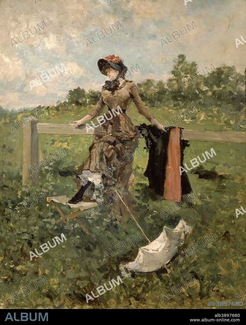 FRANCISCO MIRALLES GALUP. Lady with a Parasol. Date/Period: 1880 - 1888. Painting. Oil on board. Height: 640 mm (25.19 in); Width: 530 mm (20.86 in).