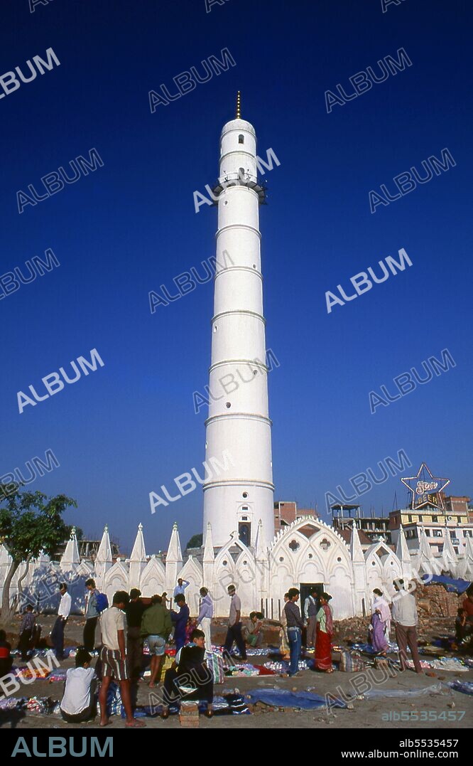 The thin white Bhimsen Tower, also called Dharahara or Bhimsen Stambha (<i>stambha</i> meaning 'pillar') collpased during the 2015 earhquake that shook Nepal. The 60 metre high tower was built in 1824 by Prime Minister Bhimsen Thapa as a watchtower; the construction was based more on a whim than military necessity. Originally there were two towers, but the other collapsed in 1832.