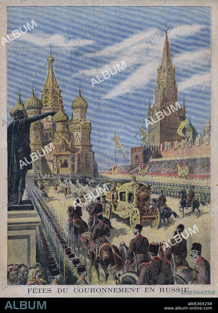 Portada del periódico ilustrado Le Petit Journal, editado en París, mayo de 1896. Fiestas de la coronación sagrada del emperador Nicolás II de Rusia y la emperatriz Alejandra Fiódorovna Románova. Desfile en la carroza imperial.