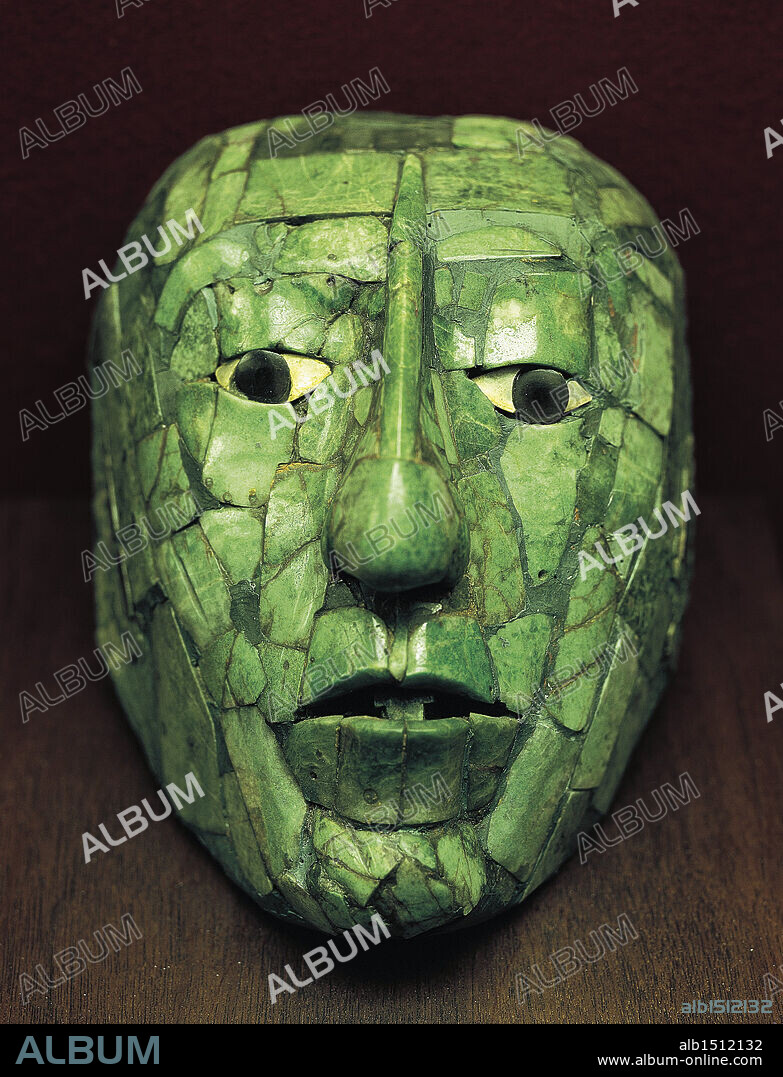 Maya civilization, Mexico, 7th-10th century A.D. Jade mask with mother-of-pearl for the eyes. From Palenque.