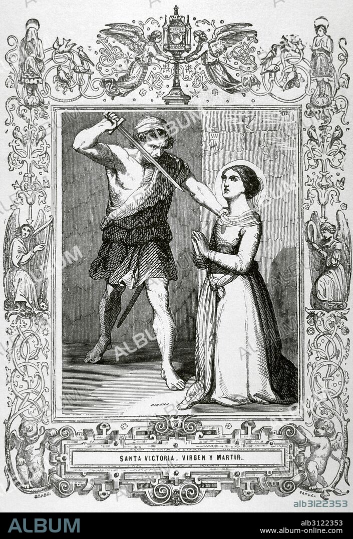 Santa Victoria (muerta en 233). Vírgen y mártir. Nacida en Tivoli, Italia. Murió el 23 de Diciembre del 233. El verdugo la atravesó el corazón con una espada. Grabado de Cibera. Año Cristiano, 1858.
