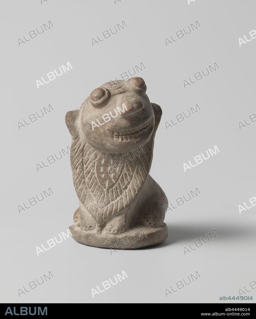 Statue of a lion, Fantasy form of seated lion. Dvaravati style., anonymous, Thailand, 500 - 1100, terracotta (clay material), h 10 cm × w 7.5 cm × d 5.5 cm.
