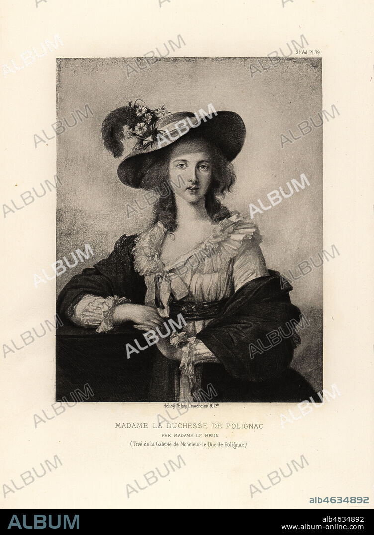 Portrait of Yolande Martine Gabrielle de Polastron, Duchess of Polignac, a favourite of Marie Antoinette. Lithograph after a painting by le Brun from Fashions and Customs of Marie Antoinette and her Times, by Le Comte de Reiset, Paris, 1885. The journal of Madame Eloffe, dressmaker and linen-merchant to the Queen and ladies of the court.