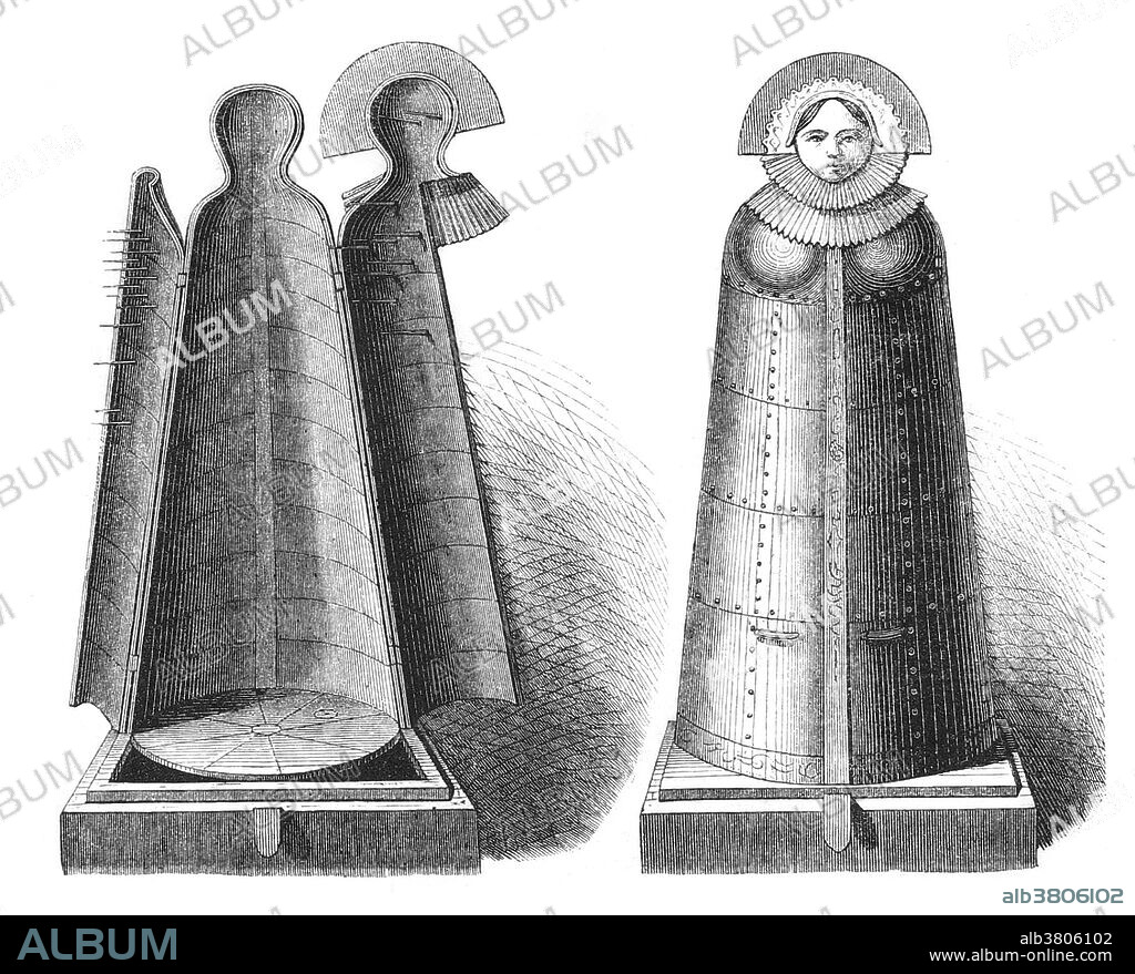 The iron maiden (AKA, jungfernkuss, eiserne jungfrau, the virgin, kiss of the virgin) is a fictional iron cabinet torture device with a hinged front and spike-covered interior to enclose a human being. Wolfgang Schild, a professor of criminal law and criminal law history at the University of Bielefeld, has argued that putative iron maidens were pieced together from artifacts found in museums to create spectacular objects intended for exhibition. It is unlikely that any of these iron maidens were ever employed as instruments of torture. The 17th century iron maidens may have been constructed as probable misinterpretation of a medieval Schandmantel (coat of shame or barrel of shame), which was made of wood and metal but without spikes. Inspiration for the iron maiden may also have come from the Carthaginian execution of Marcus Atilius Regulus, who "packed him into a tight wooden box, spiked with sharp nails on all sides so that he could not lean in any direction without being pierced". The most famous iron maiden that popularized the design was that of Nuremberg, first displayed as far back as 1802. The original was lost in the Allied bombing of Nuremberg in 1944.