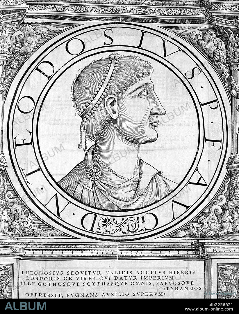 TEODOSIO. EMPERADOR ROMANO DEL 379 AL 395NACIDO EN COCA ( SEGOVIA ). ESTAMPA. BIBLIOTECA NACIONAL. MADRID.