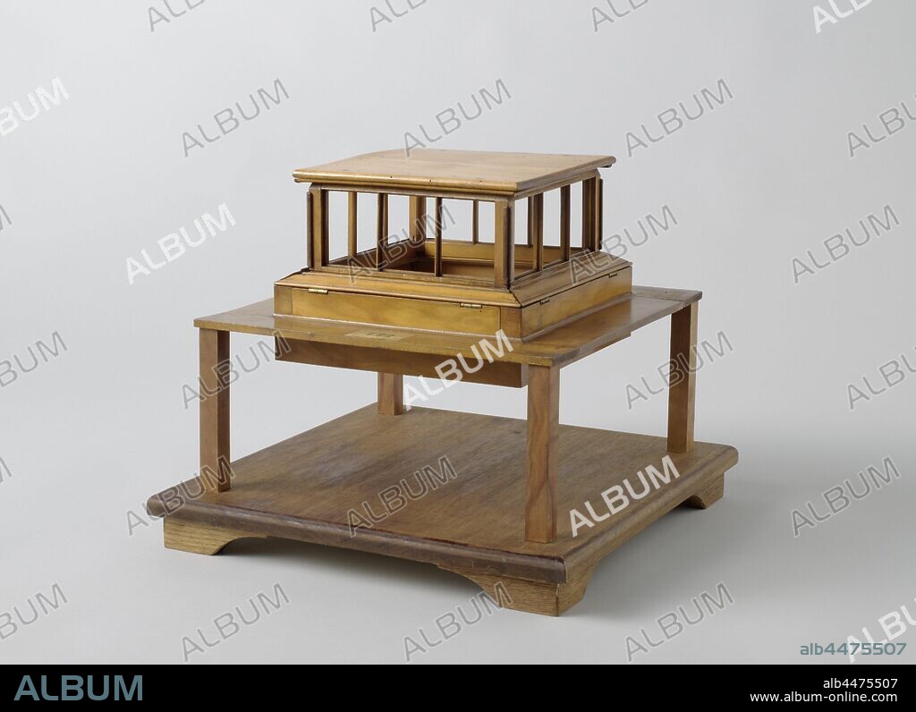 Model of a Skylight, Model of a cuckoo on a stand. The upper part is square with a flat roof and three windows on each side. It can be raised and lowered by hinging back the edges of the hatch head, which rotate with hinges, the cuckoo stands with its base on these edges when it is erected, and hangs on it with its roof edge when it is lowered, Soembing (ship), Rijkswerf Vlissingen, Flushing, 1857, wood (plant material), brass (alloy), h 33.5 cm × w 33.6 cm × d 33.5 cm.