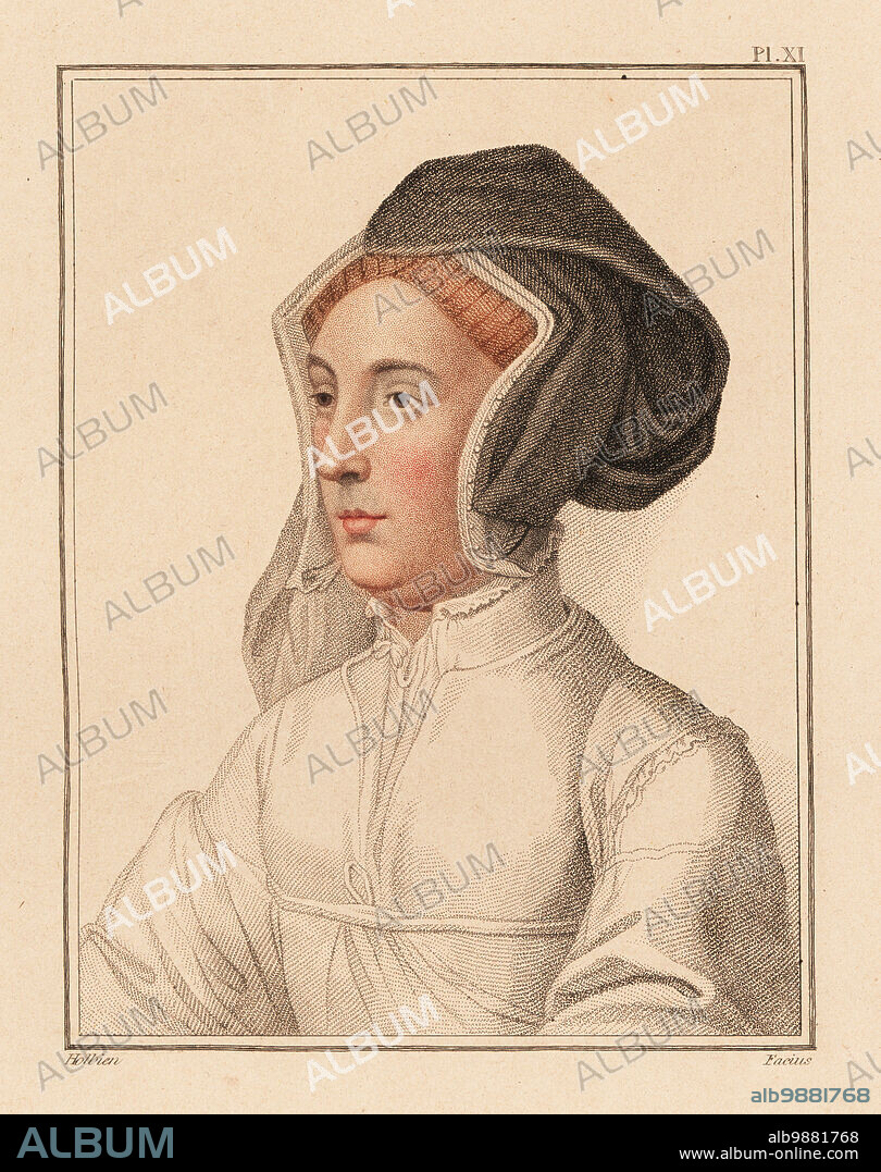 Portrait of unknown woman from the court of King Henry VIII in gable hood headdress, 1530s. Handcoloured copperplate stipple engraving by George Sigmund Facius after a portrait by Hans Holbein the Younger from Imitations of Original Drawings by Hans Holbein, John Chamberlaine, London, 1812.