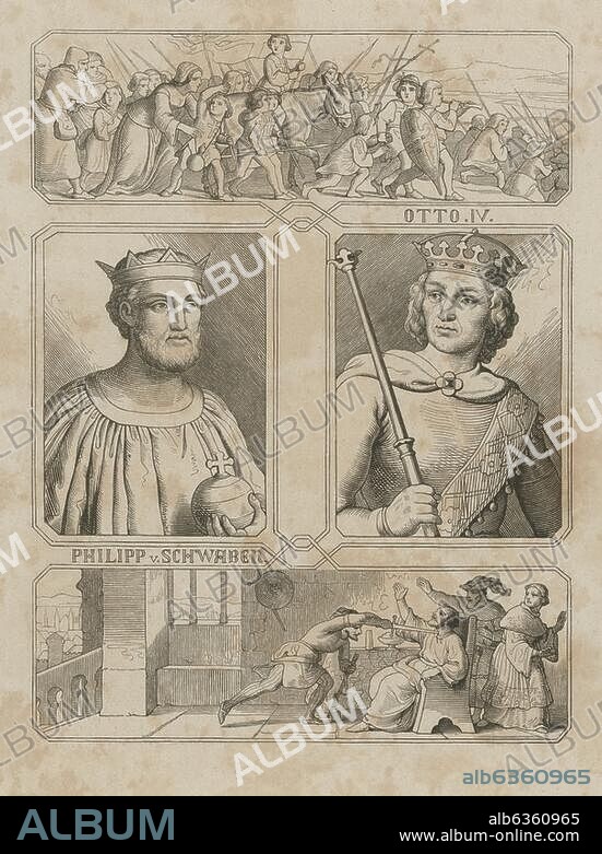 Otto IV. von Braunschweig; Kaiser (1197-1215); um 1175 - Harburg 19.5.1218. "Die Gegenkönige Philipp von Schwaben und Otto IV. von Braunschweig". (Darunter: Ermordung Philipps von Schwaben durch Otto von Wittelsbach am 21. Juni 1208). Holzstich, unbze., um 1860.