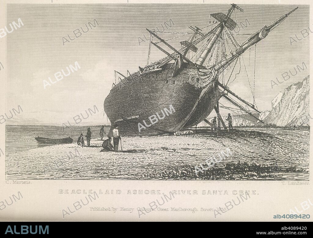 ADMIRAL ROBERT FITZROY, T LANDSEER y C MARTENS. Beagle laid ashore. Narrative of the Surveying Voyages of His Majesty'. London, 1839. H.M.S. Beagle laid ashore, River Santa Cruz.  Image taken from Narrative of the Surveying Voyages of His Majesty's ships Adventure and Beagle, between the years 1826 and 1836, describing their examination of the Southern Shores of South America, and the Beagle's circumnavigation of the Globe.  Originally published/produced in London, 1839. . Source: G.2555 volume 2, opposite 334. Language: English.