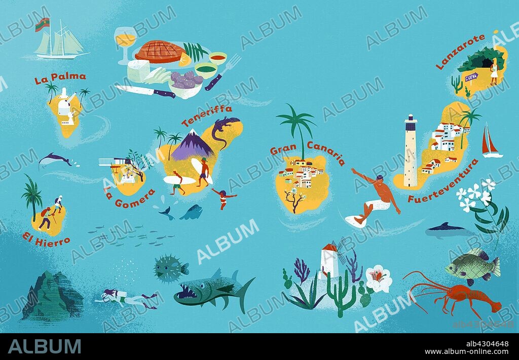 Illustrated tourism map of the Canary Islands, Spain.