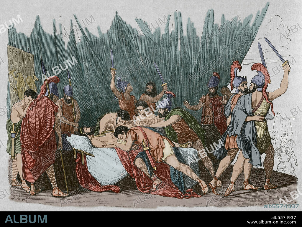 SPANISH ARTIST. JOSé VALLEJO (1821-1882). Viriato (m. 139 a.C.). Caudillo lusitano que luchó contra la expansión de Roma en Hispania a mediados del siglo II a.C. Muerte de Viriato. Grabado por Vallejo. Coloreado. Historia General de España por el Padre Mariana. Madrid, 1852.