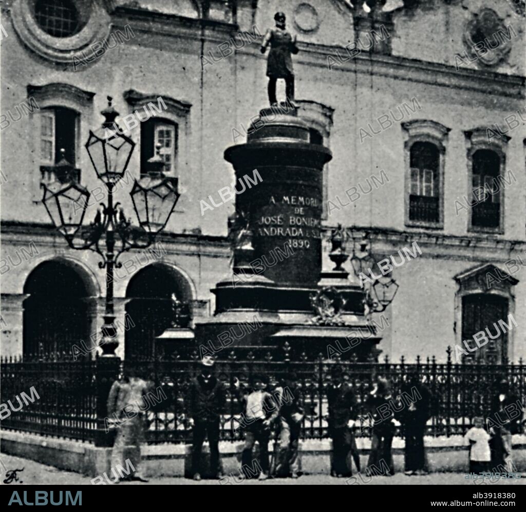 'Estatua de JosÚ Bonifacio. (Largo de S. Francisco)', 1895. Largo de Sao Francisco de Paula is one of the oldest streets in the city of Rio de Janeiro , Brazil. Jose Bonifacio de Andrada e Silva (13 June 1763 - 6 April 1838) was a Brazilian statesman, naturalist, professor and poet, born in Santos, SÒo Paulo, then part of the Portuguese Empire. He was one of the most important mentors of Brazilian independence, From Sao Paulo by Gustavo Koenigswald. [S. Paulo, 1895].