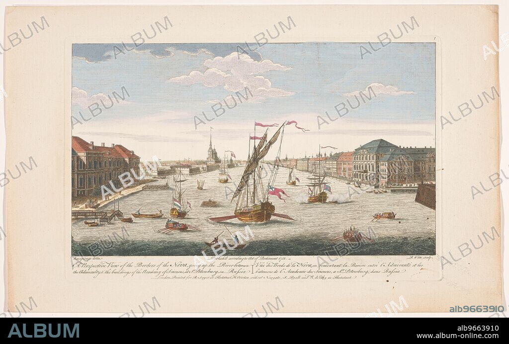ROBERT SAYER and ROBERT WATTS. View of the Neva River in Saint Petersburg, viewed against the current, 1756. 'A Perspective View of the Borders of the Neva, going up the River between the Admiralty and the buildings of the Academy of Sciences, at St Petersburg, in Russia'.
