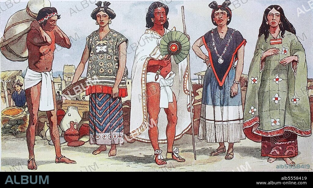 Clothing, fashion in Central America, Old Mexico in the 15th-16th century, from left, a man wearing a loincloth, a Zapotec Indian woman, a native trader, a Huastek Indian woman and a Mexican woman, digitally restored reproduction of an original 19th century original