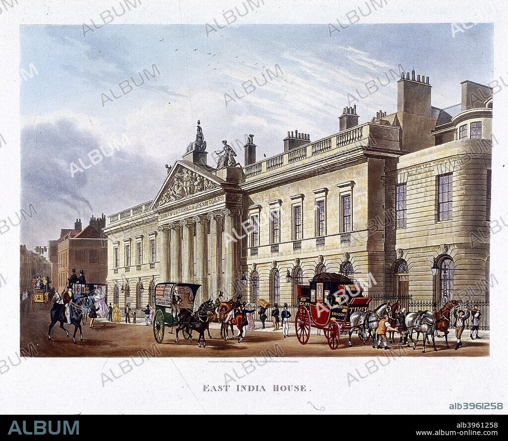 View of East India House, London, 1836; portraying a street scene with two stagecoaches, an omnibus and a two wheeled van. The vehicles are all displaying advertising slogans.