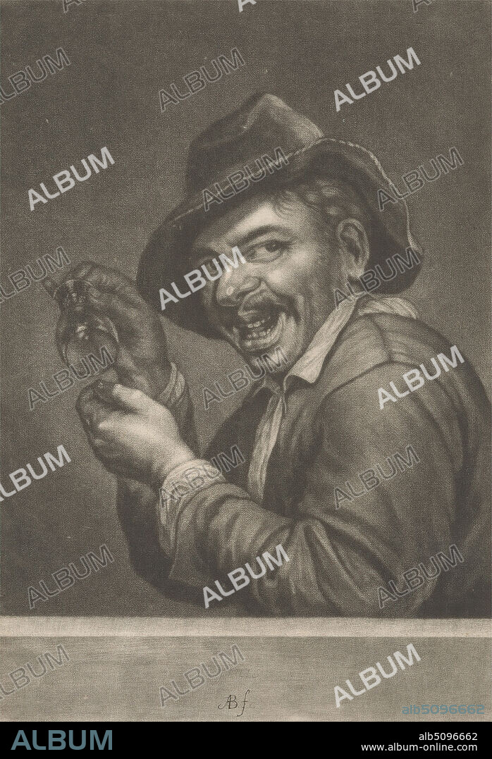 The Empty Glass, Print made by Abraham Blooteling, 16401690, Dutch, after Petrus Staverenus, active 16341654, Dutch, Published by Abraham Blooteling, 16401690, Dutch, between 1670 and 1690, Mezzotint on medium, moderately textured, cream laid paper, Sheet: 8 1/16 x 5 11/16 inches (20.4 x 14.5 cm) and Plate: 7 13/16 x 5 1/2 inches (19.9 x 13.9 cm), alcohol, caricature, coat, drinking, drinking glass, food, genre subject, hat, holding, laughing, man, peasant, portrait, satire, senses, smiling, taste (senses).
