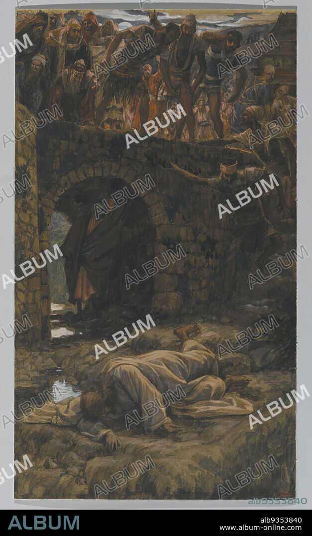 The Bridge of Kedron, Le pont de Cédron, The Life of Our Lord Jesus Christ, La Vie de Notre-Seigneur Jésus-Christ, James Tissot, French, 1836-1902, Opaque watercolor over graphite on gray wove paper, France, 1886-1894, Image: 15 9/16 x 8 15/16 in., 39.5 x 22.7 cm, Christianity, French artist, French watercolor, Jesus, Old Testament, religious.