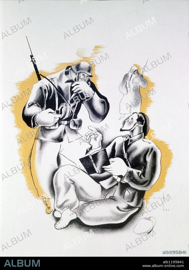 "Educación política". Dibujo de Martí Bas i Blasi. Zona Republicana. Cataluña. Año 1938. Guerra Civil 1936-1939. España.