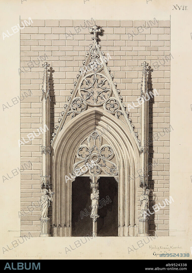 Gothic Doorway with Statuary, c. 1830, Karl Ludwig Wilhelm von Zanth, German, 1796 - 1857, 7 13/16 x 5 15/16 in. (19.84 x 15.08 cm) (sheet), Pen and black ink, and ink wash on off-white paper, Germany, 19th century.
