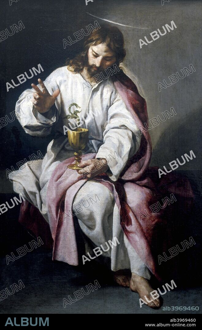 'St John the Evangelist with the Poisoned Cup', 1636. According to the Bible (Matthew Ch20 v23), a cup of poisoned wine was passed to St John and, as he blessed it, the poison rose up in the form of a serpent. From the Musee du Louvre, Paris.