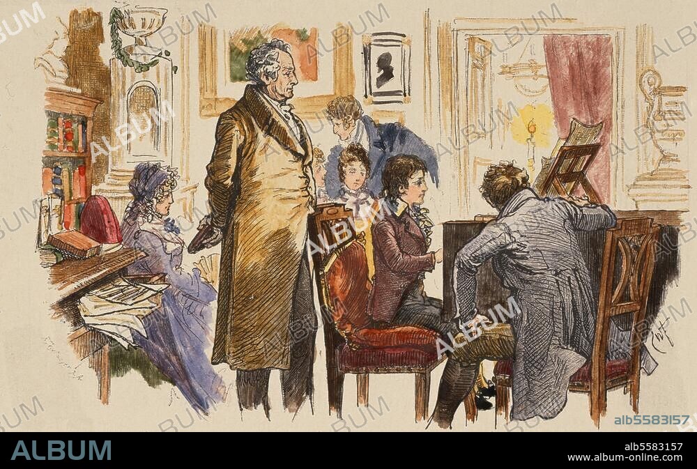 Mendelssohn-Bartholdy, Felix Komponist. 1809-1847. Der 12jährige Mendelssohn spielt Goethe in dessen Haus in Weimar auf dem Klavier vor. Holzstich nach Zeichnung von Woldemar Friedrich (1846-1910), spätere Kolorierung.