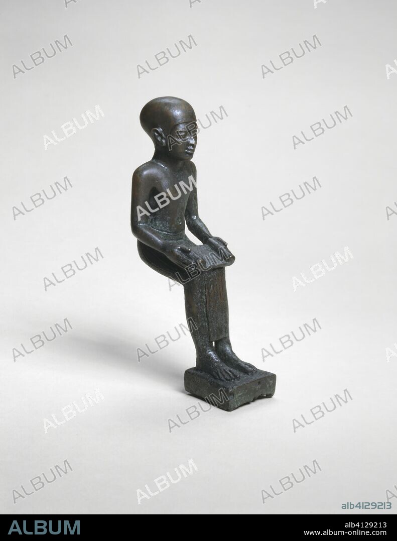 ANCIENT EGYPTIAN. Statuette of Imhotep. Egyptian. Date: 305 BC-30 BC. Dimensions: 12.5 × 3.75 × 6.5 cm (5 × 1 1/2 × 2 1/2 in.). Copper alloy. Origin: Egypt.