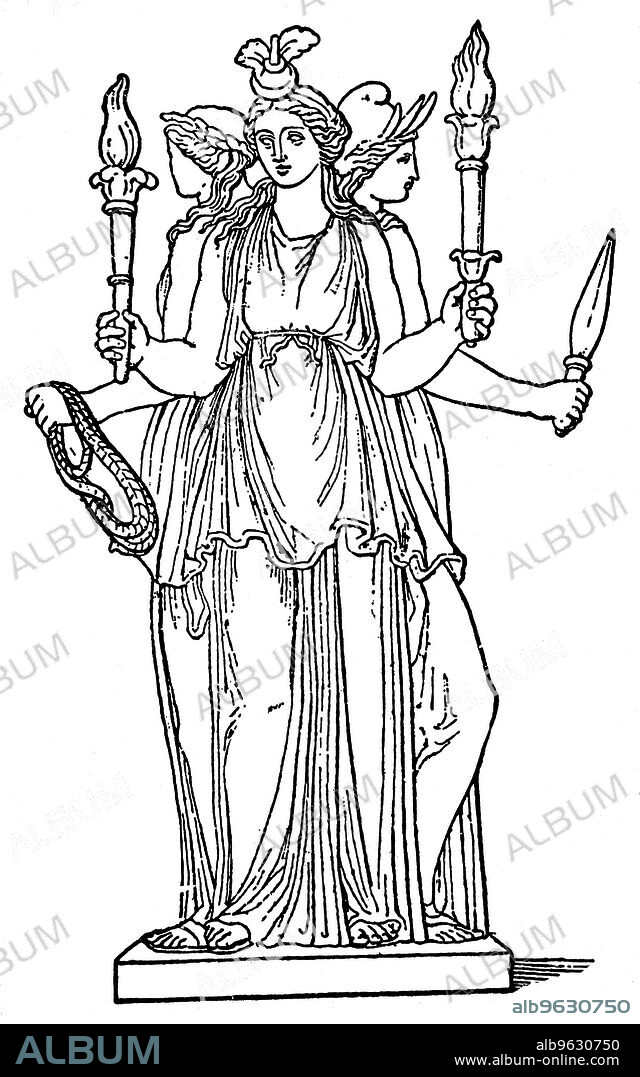 Hecate, triple-bodied daughter of the Titan Perses and of Asteria. As goddess of the lower world, she ruled over magic, ghosts and witchcraft. Greek mythology. Wood engraving.